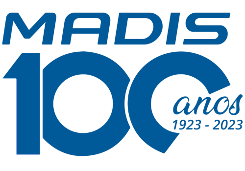 Logo Madis 100 anos azul