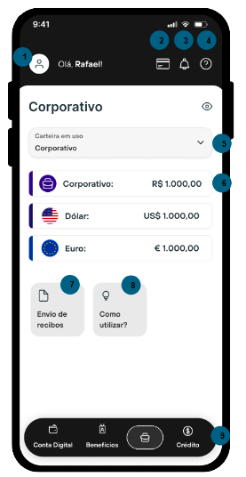 Tela do aplicativo com a carteira corporativa em Real, Dólar e Euro