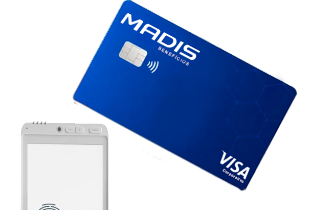 Cartão MADIS Benefícios sendo aproximado de uma maquininha para pagamento