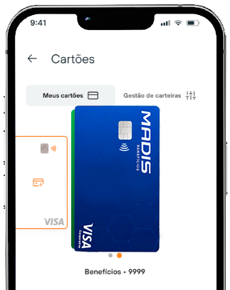 Tela do aplicativo com a gestão de cartões, mostrando o cartão MADIS Benefícios