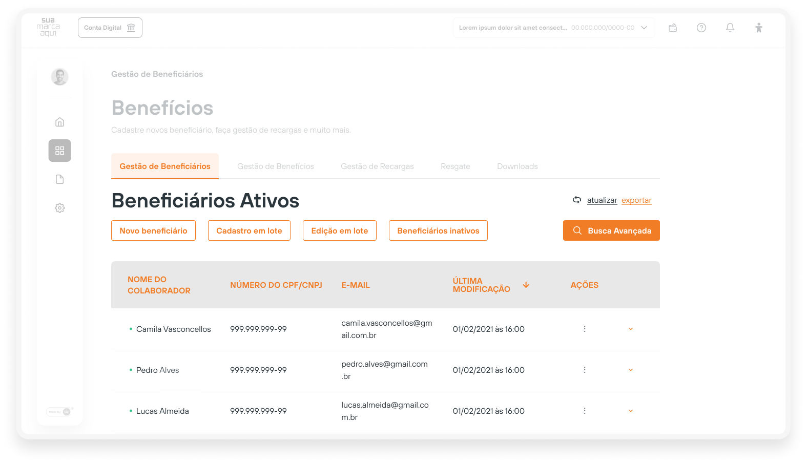Portal do RH mostrando a lista de beneficiários ativos