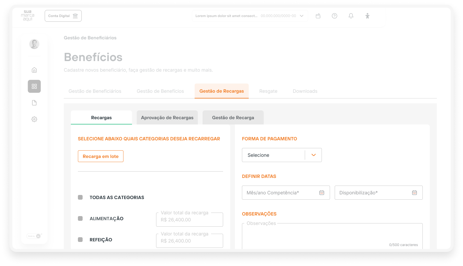 Portal do RH mostrando a tela de gestão de recargas por categoria