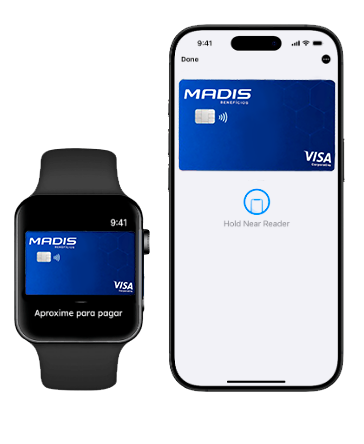 Cartão MADIS Benefícios adicionado à carteira digital do smartwatch e do smartphone